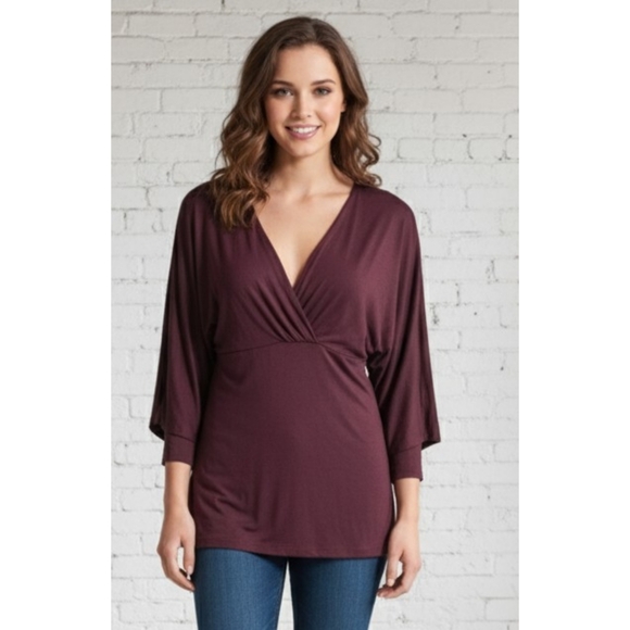 Loft 3/4 Flowy sleeve V-neck top Burgundy Size M - Picture 1 of 7